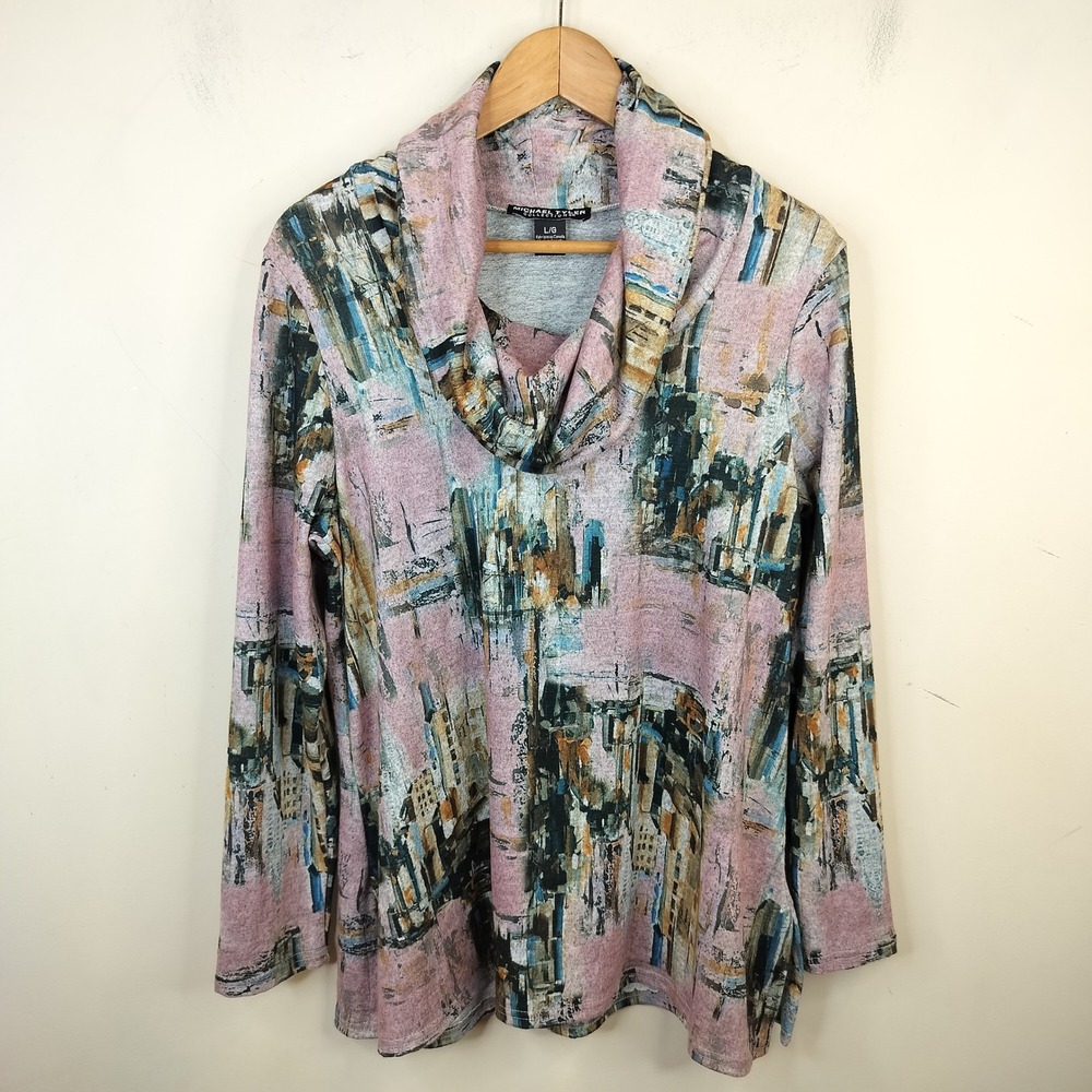 Michael Tyler Cowl Neck Top Women Large Abstract Skyline Scenic Art to Wear
